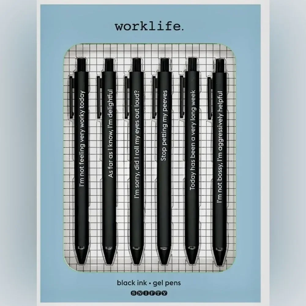 NOB Worklife Set of 6 Black Gel Pens with Humorous Quotes